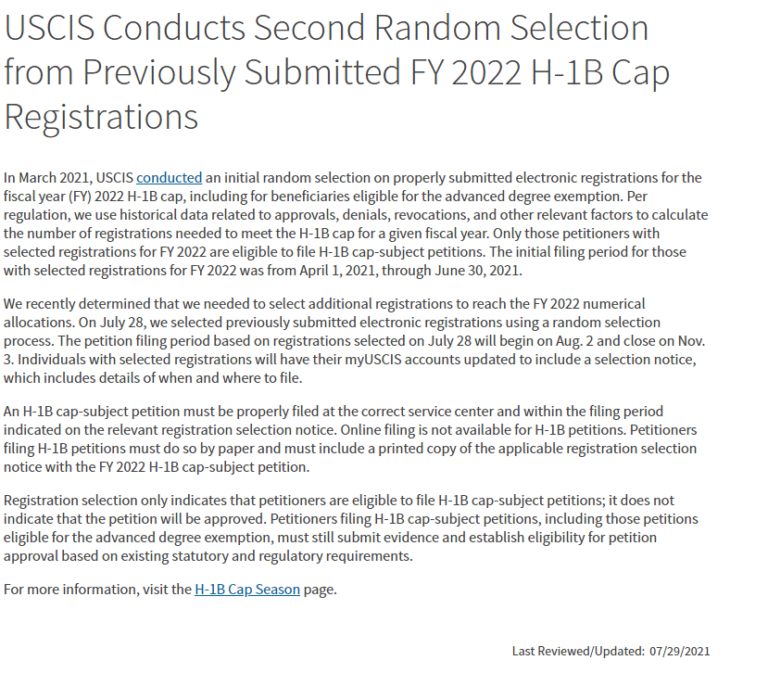 USCIS Conducts Second Random Selection from Previously Submitted FY